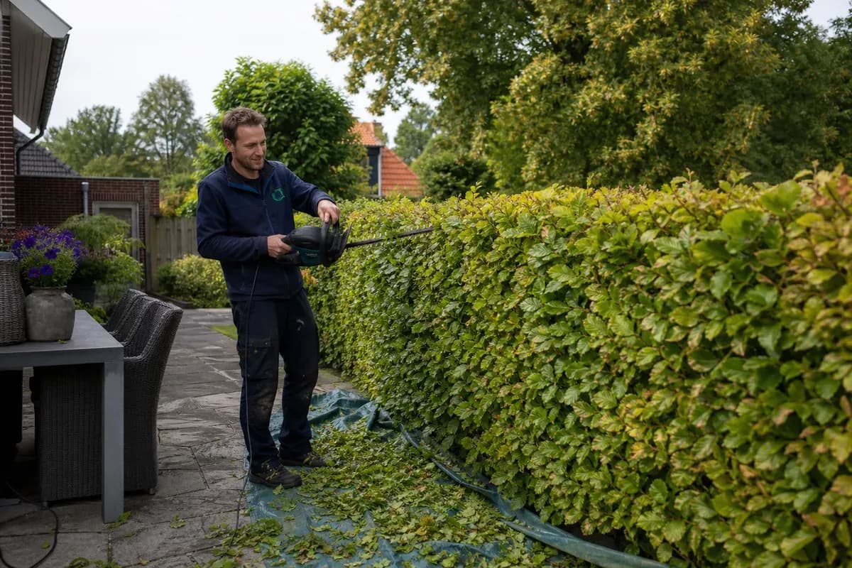 Verzorgde achtertuin met terras, plantenbakken en een tuinman die een heg snoeit met een heggenschaar.